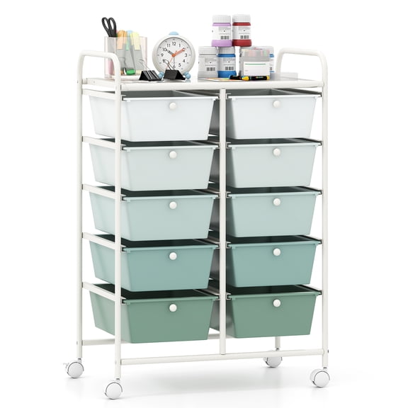 Gymax 10-Drawer Storage Cart Utility Rolling Trolley Kitchen Office Organizer