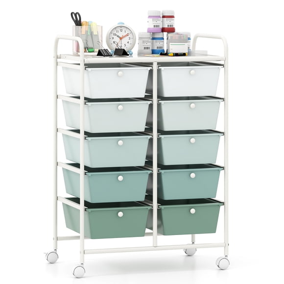 Gymax 10-Drawer Storage Cart Utility Rolling Trolley Kitchen Office Organizer