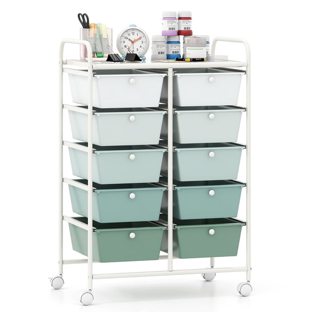 Gymax 10-Drawer Storage Cart Utility Rolling Trolley Kitchen Office Organizer