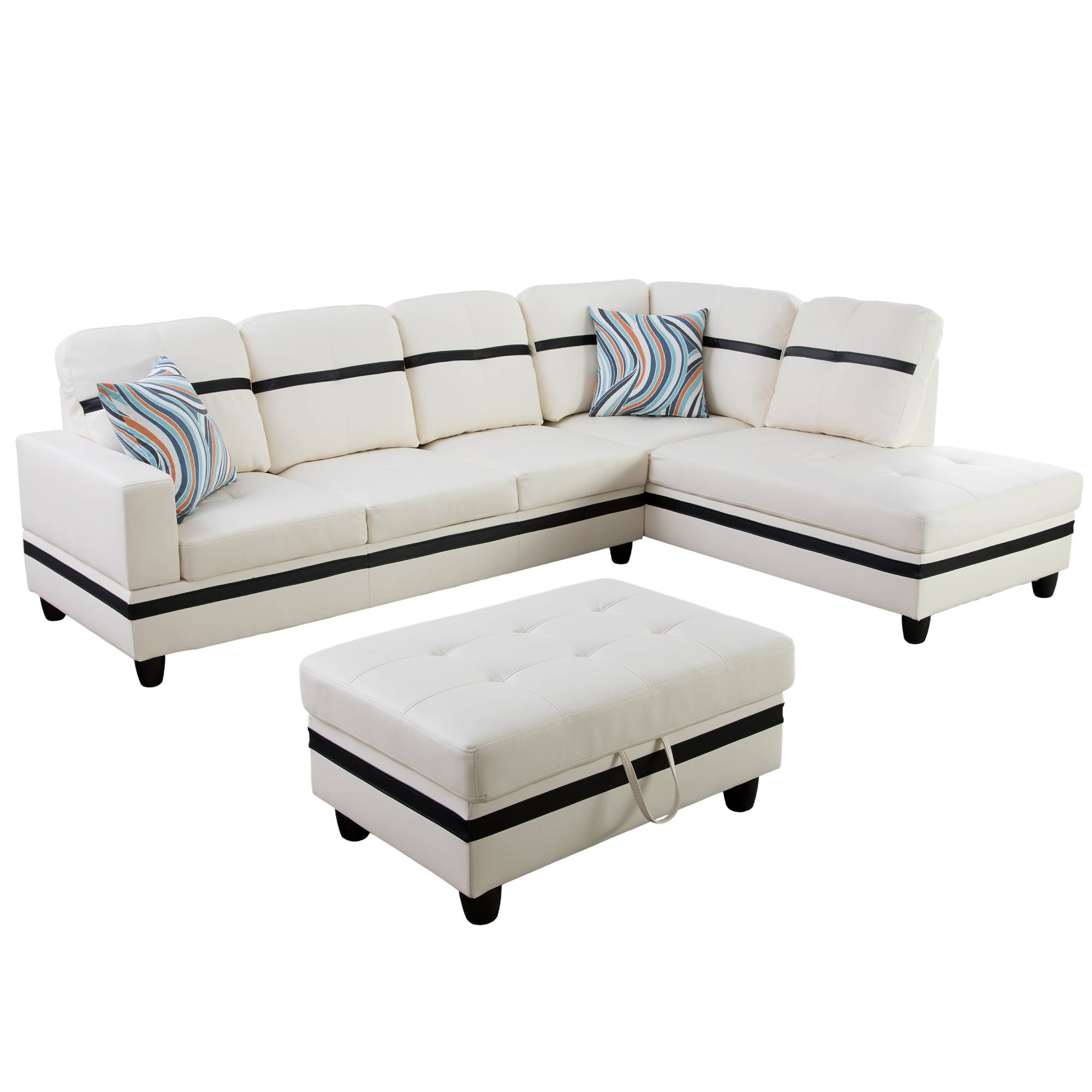 Sectional Sofa Couch, Leather L Shape Sofa Couch Set with Chaise and Storage Ottoman for Living Room, White