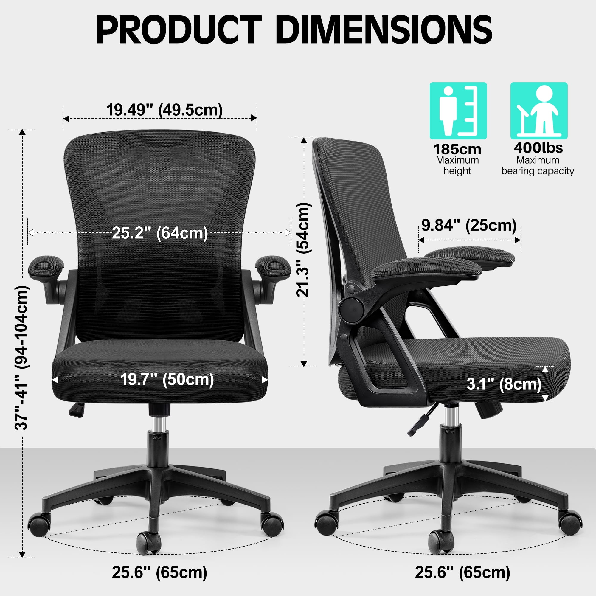 COOLHUT Office Desk Chair, 400LBS Ergonomic Mesh Rolling Work Swivel Task Chairs with Wheels, Comfortable Lumbar Support, Comfy Flip-up Arms for Home, Bedroom, Study, Student, 8-Years Warranty, Black