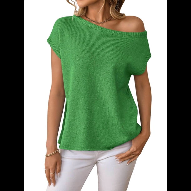 Jersey de Punto de Corta con Hombros Descubiertos para Mujer, Color Verde, Talla M