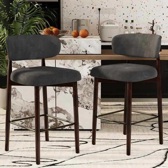 Set of 2/4 Counter Height Bar Stools, 26 Inch Modern Upholstered Bar Stools with Curved Back and Wood Legs, Linen Fabric Bar Chairs with Footrest for Kitchen Island, Dining Room and Home Bar