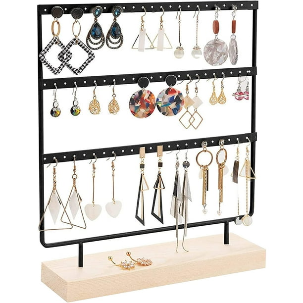 Wooden and Metal Earring Display Stand Vintage Jewelry Organizer Black Earring Holder with Wooden Base 69 Holes and 3 Layers Walmart