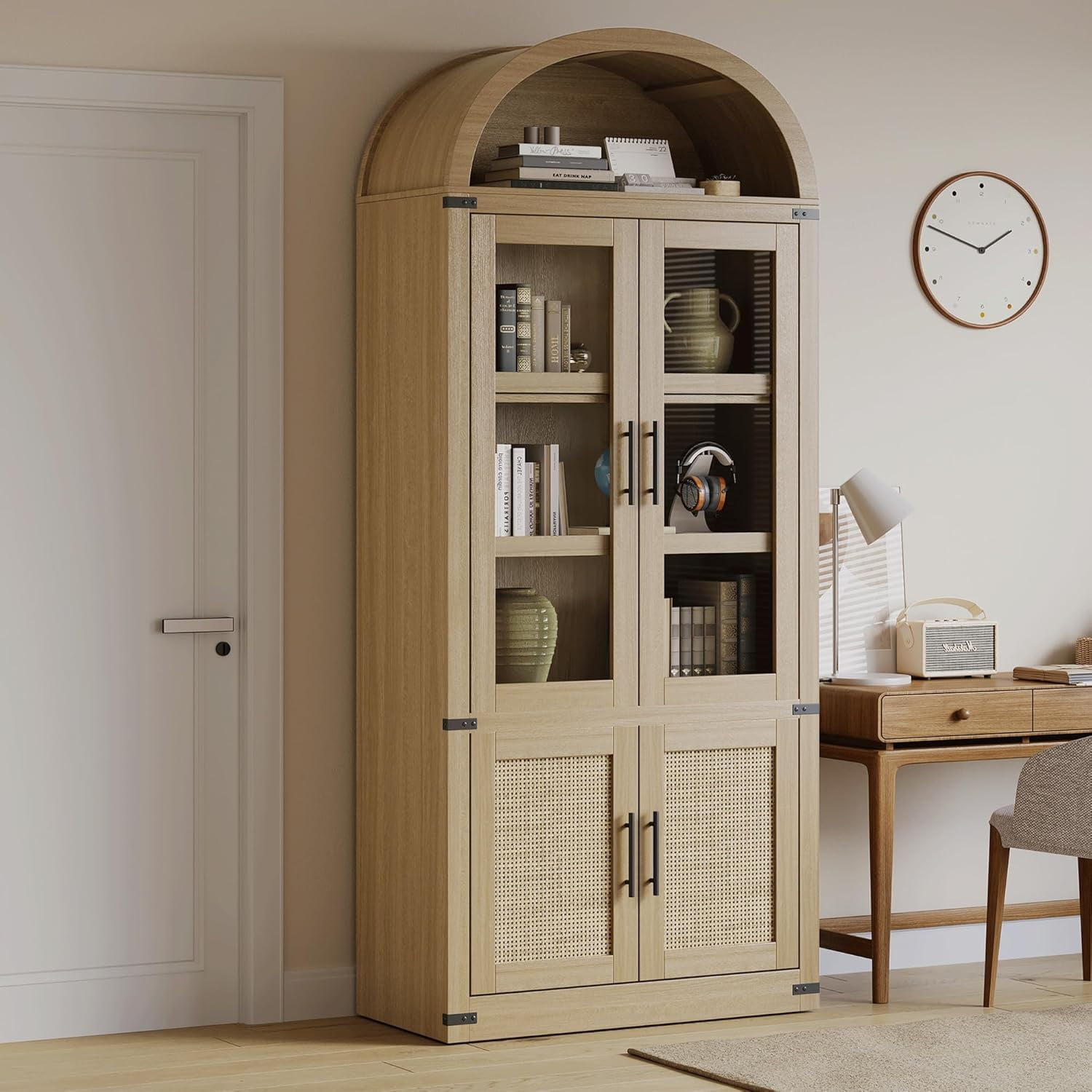 Memoryfield 72" Tall Arched Bookcase with Glass Doors, 6 Tier Display Bookshelf Storage Cabinet, Modern Floor Standing Organizer for Home Office Living Room, Natural