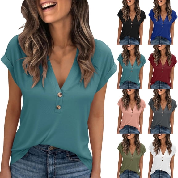Hilenly Womens Short Sleeve Henley Shirts Button V Neck T-Shirt Loose Fit Tunic Tops Comfy Basic Tees