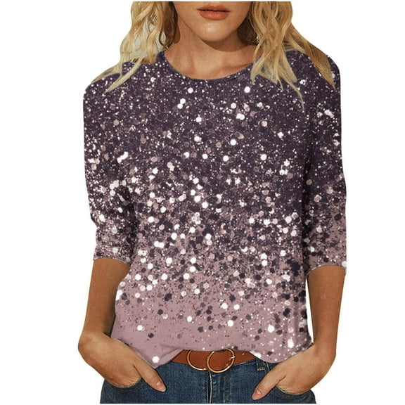 Graphic Crew Neck T-shirts Women 3/4 Sleeve Valentine's Day Fake Sequins Printed Holiday Party Tops Casual Tees (X-Large, Pink 04)