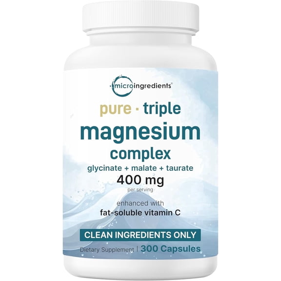 Micro Ingredients Pure Triple Magnesium Complex, 300 Capsules | 100% Chelated Magnesium Glycinate, Malate, Taurate with Vitamin C | Filler Free, Non-GMO