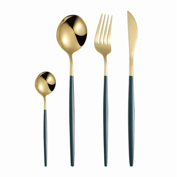 Gold Silverware Set, 4-Piece Stainless Steel Flatware Set Service For 1, Mirror Polished Green Handle Tableware Cutlery Set Knife Fork And Spoon For Home & Restaurant