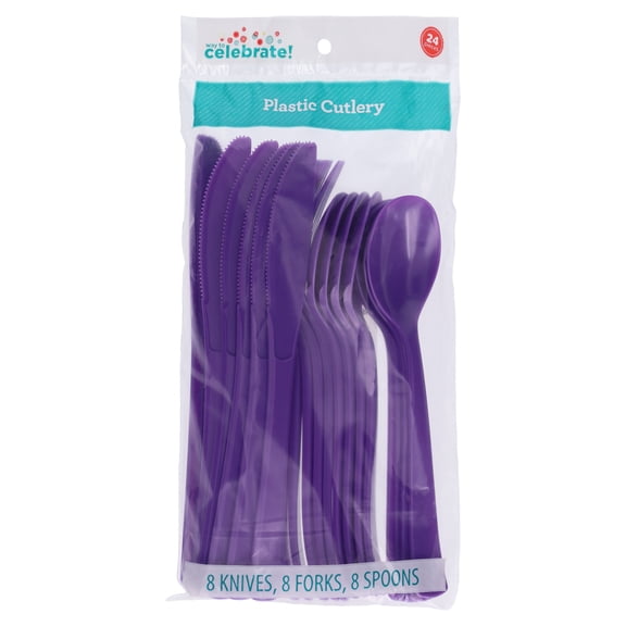 Plastic Disposable Cutlery Set, Purple, 24 Pieces, by Way To Celebrate