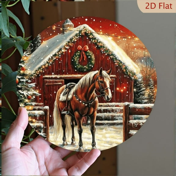 1pc Rustic Christmas Horse Wall Art - 8*8 Inch Round Metal Sign, Aluminum Holiday Decor with Festive Barn Scene & Snowy Landscape, Perfect for Winter Parties & Seasonal Ambiance, Farmhouse Christmas