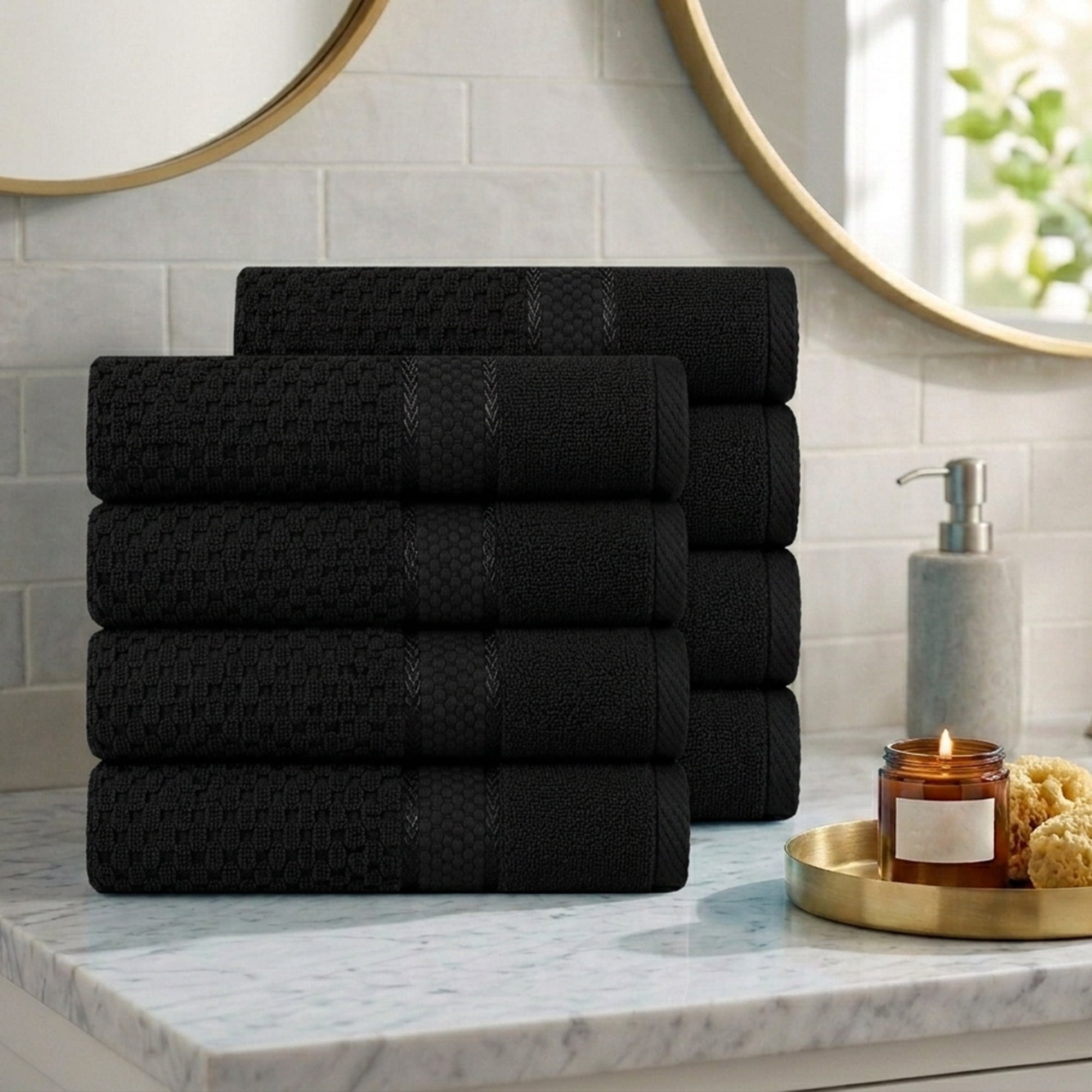 Ample Decor 100% Cotton Black Hand Towel for Bathroom Set of 8- Super Soft, Quick-Dry, Highly Absorbent, Popcorn Textured - Mulaayam Collection - 18 X 28 inch