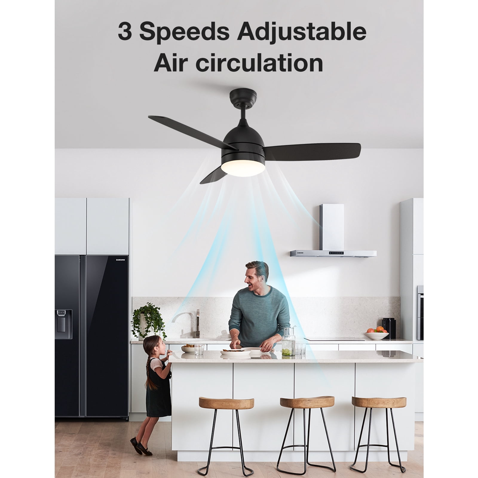 Warmiplanet 48" 3-Blades Modern Ceiling Fan with Light & Remote, Black, Dual-Color Blades, 6 Speeds, 3-Color Light