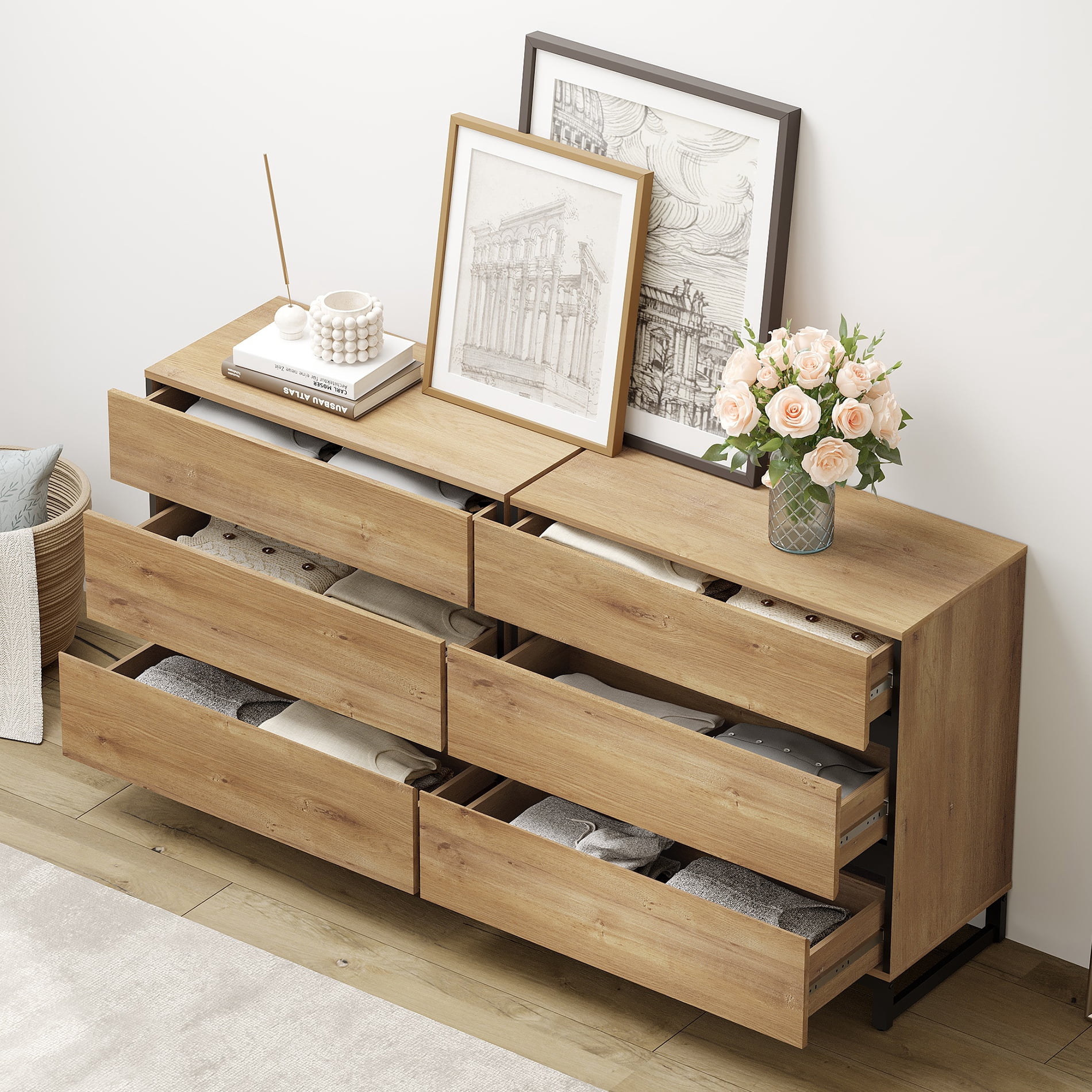 WAMPAT Modern TV Stand for TVs up to 120 inch, 4 in 1 TV Console with Adjustable Shelves and 6 Drawers, Media Console for Living Room,Bedroom, Oak