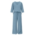 thumbnail image 7 of Lekode Womens Linen Set Boho Summer Pajamas Beach Vacation Outfits V Neck Blouses V Neck Two Piece Sets for Women Solid Blouses Tops Roll-up Sleeve Top Linen Pants Set Gauze Capri Set Blue L, 7 of 7