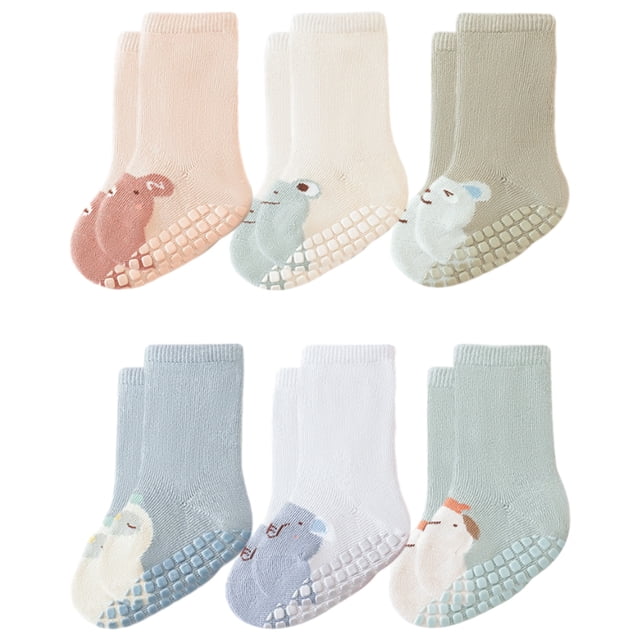 Laklulu - 6 pares de calcetines antideslizantes para bebés y niños pequeños, con dibujos animados, antideslizantes, para caminar por el suelo, para recién nacidos de 0 a 5 años