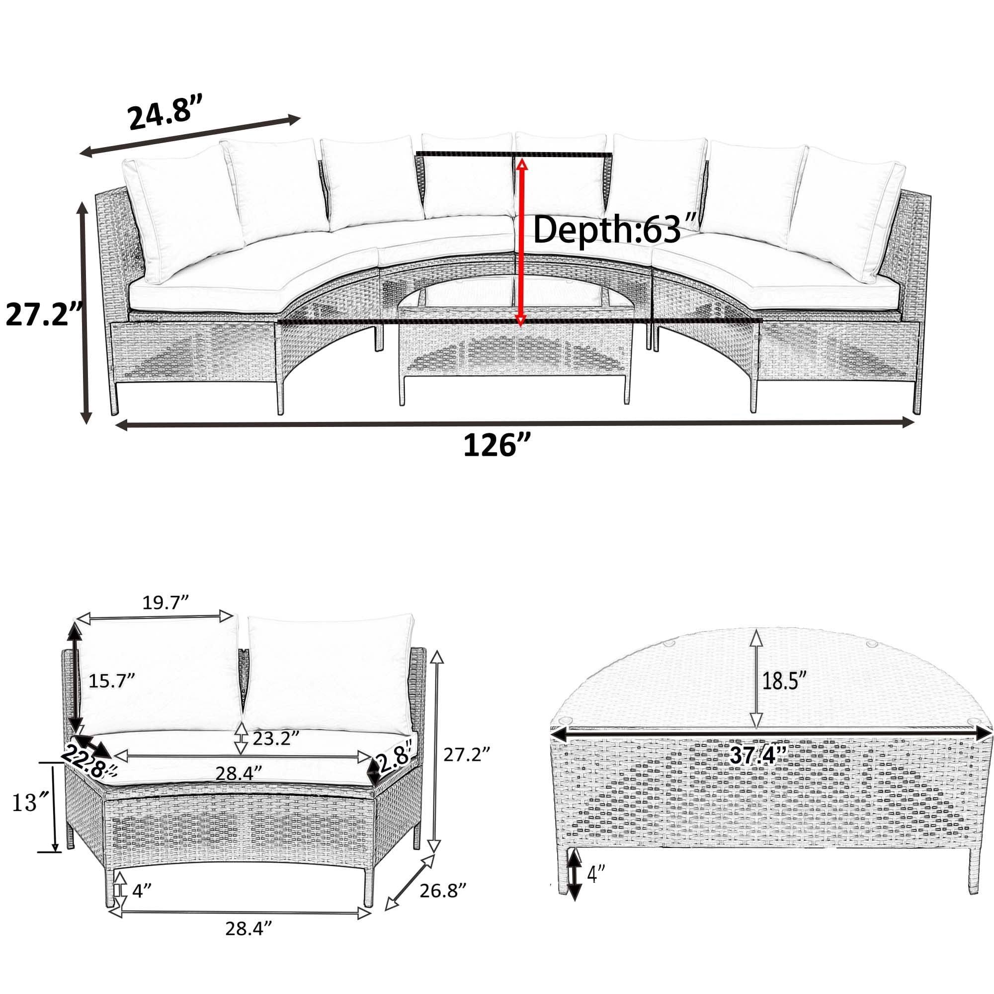 Sailvan 5pc Outdoor Patio Sectional Furniture Set - All-Weather PE Rattan Wicker Half-Moon Sofa with Tempered Glass Table & Thick Cushions Beige