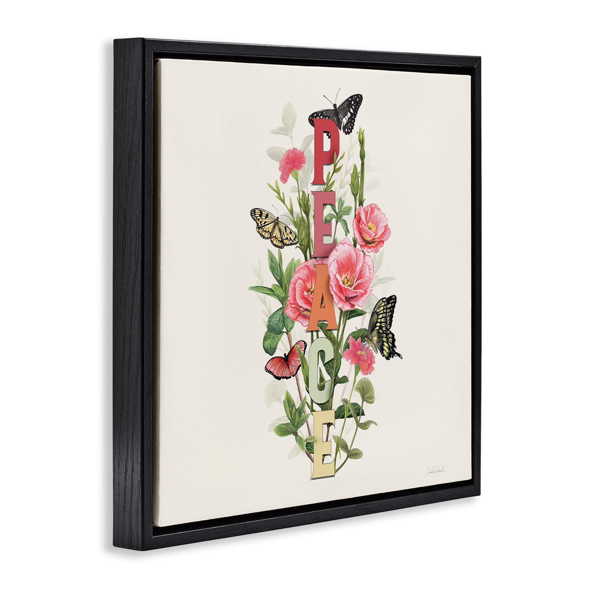 Stupell Industries Peace with Butterflies Botanical & Floral Painting Black Floater Framed Canvas Art Print Wall Art, 18 x 18