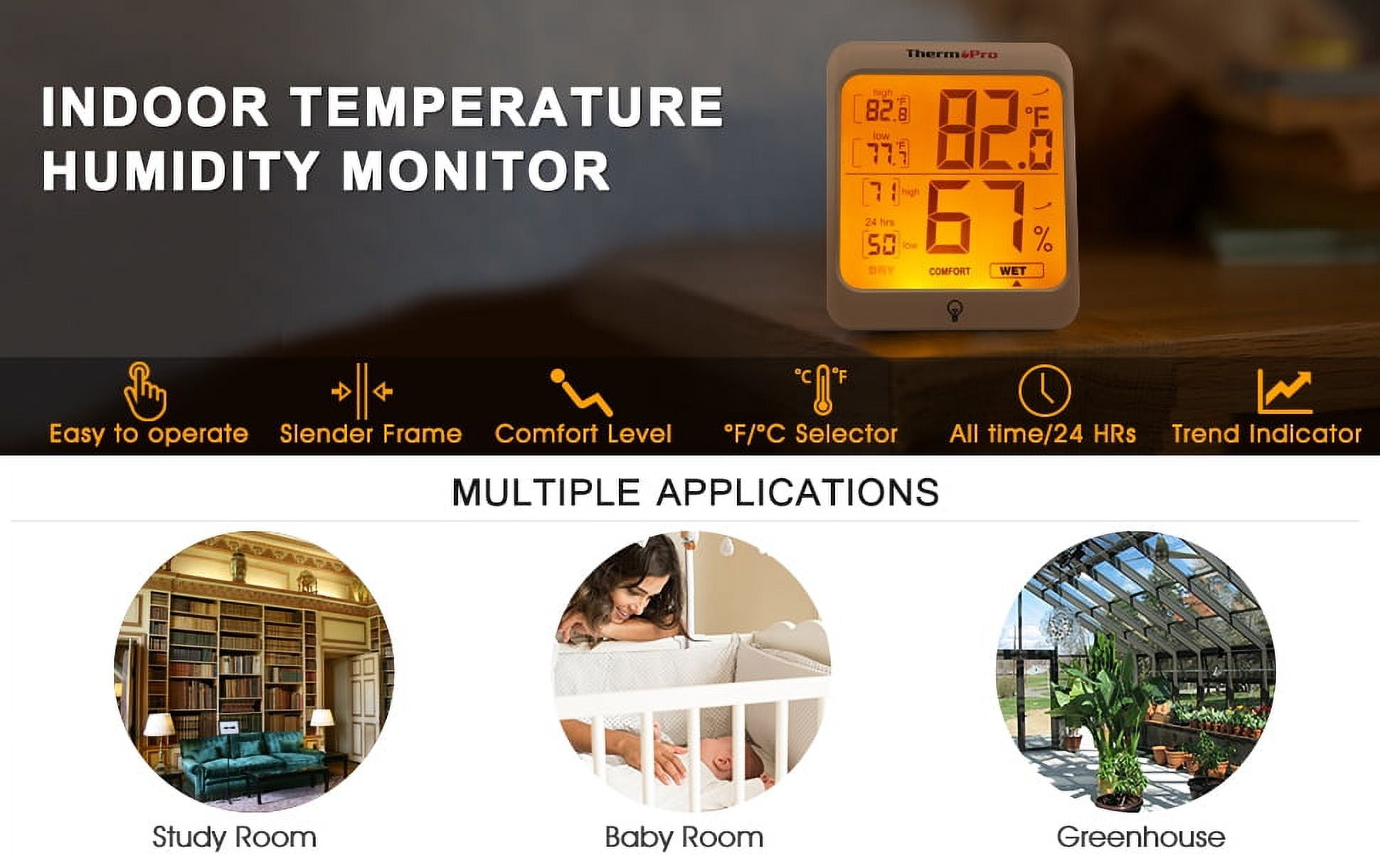ThermoPro TP53 Hygrometer Touch Screen Indoor Outdoor Thermometer