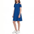 thumbnail image 4 of MKOSPLRT Girls Summer Dress Short Sleeve Cold Shoulder Solid Color Swing Casual Dresses Crewneck Knee Length Tshirt Dress with Pockets Blue 11-12 Years, 4 of 7