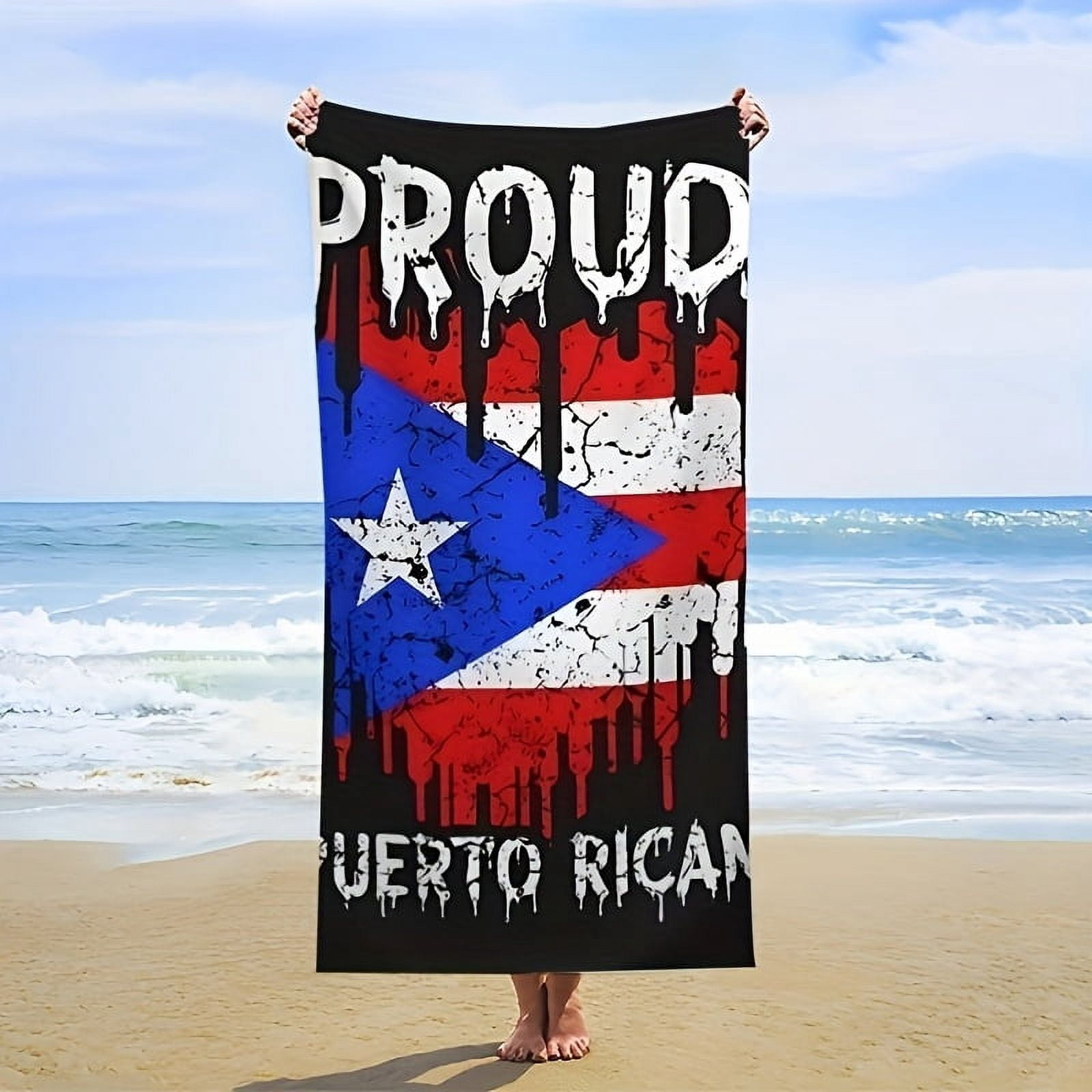 Puerto Rican Flag Beach Towel, Quick-Dry Polyester Blend, Modern Style, Super Absorbent, Machine Washable Knit Fabric, Oblong Shape, Ideal for Beach, Swimming, Outdoor Camping, Holiday Gift