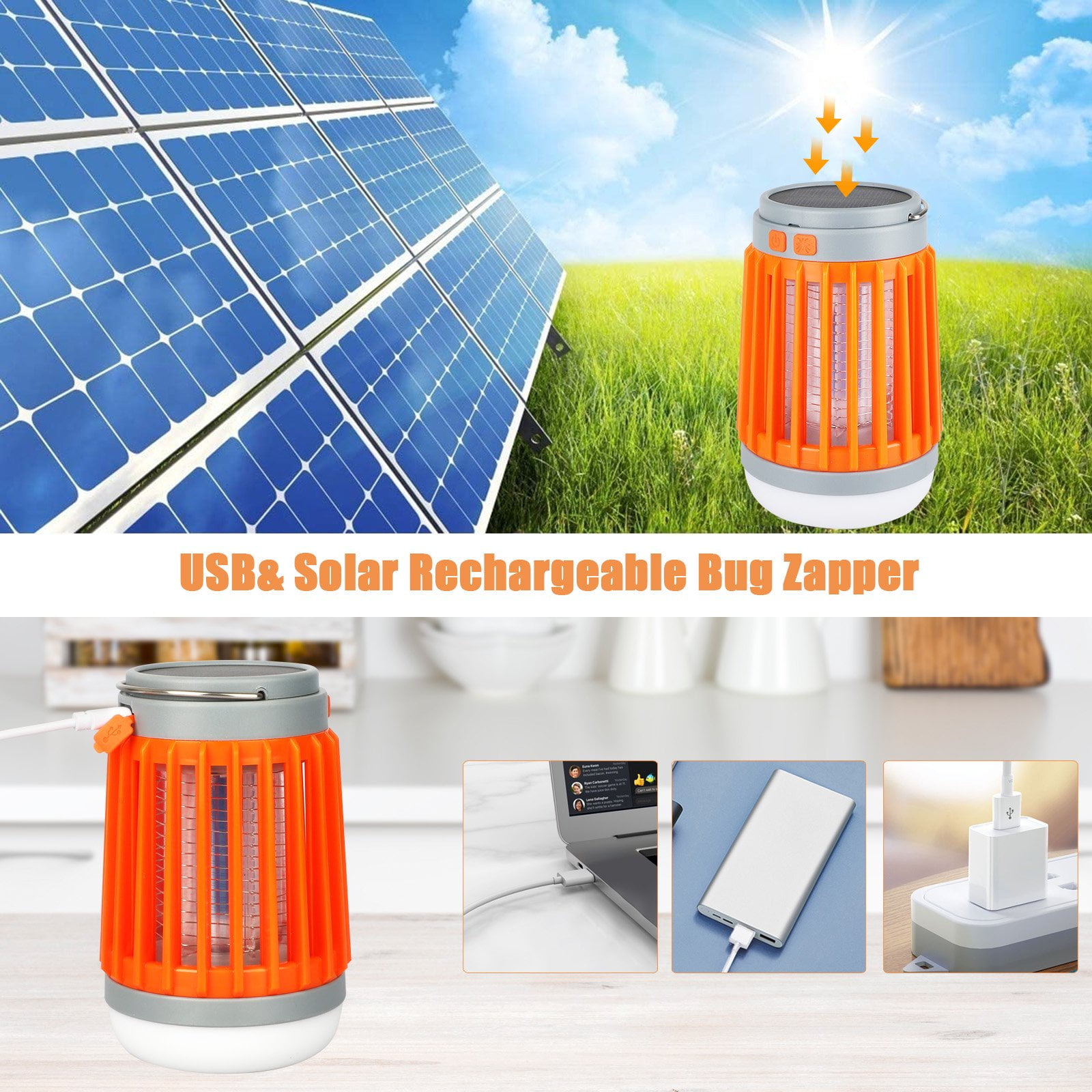 CNKOO 3-in-1 Bug Zapper Mosquito Killer Lamp, Solar Operated and Battery Powered Electric Mosquito Zapper with Rechargeable Waterproof Insect Fly Pest Attractant Trap Repellent Orange