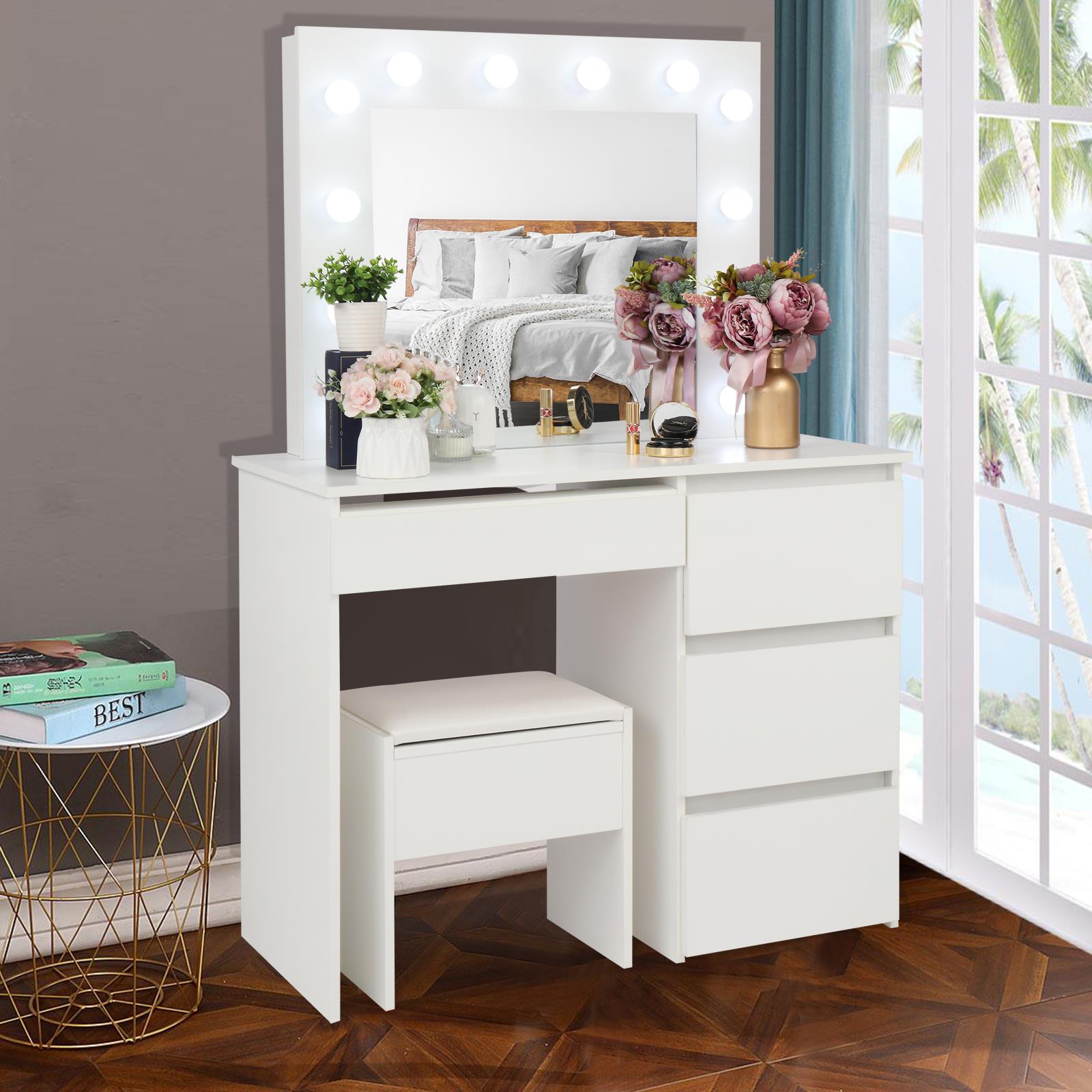 Ktaxon Vanity Table Set with Lighted Mirror, Makeup Table with 4 