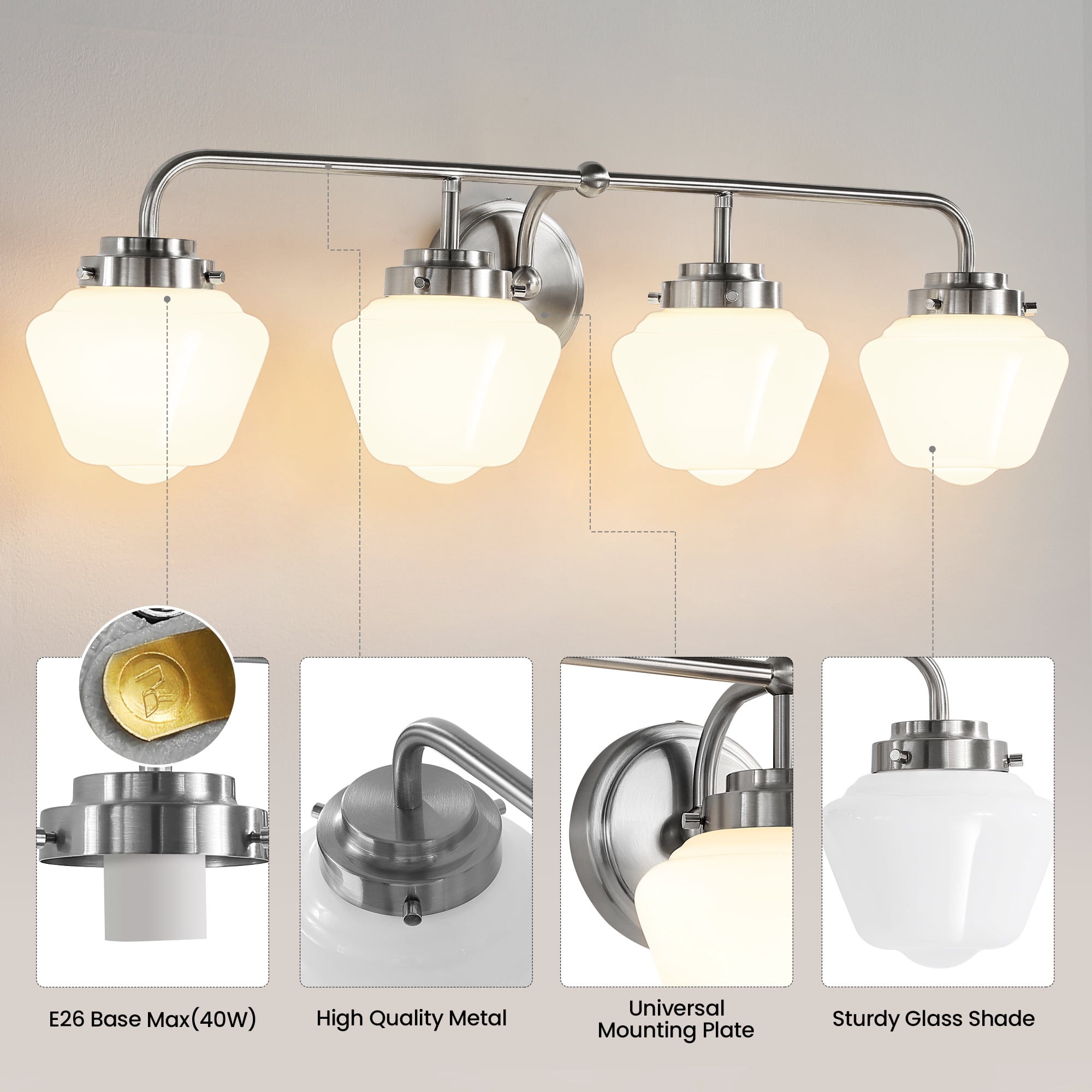 Bathroom Vanity Light Fixtures 4-Lights Brushed Nickel Vanity Lights Over Mirror, E26 40W Modern Bathroom Lighting Fixture with Milky White Glass for Bath Restroom