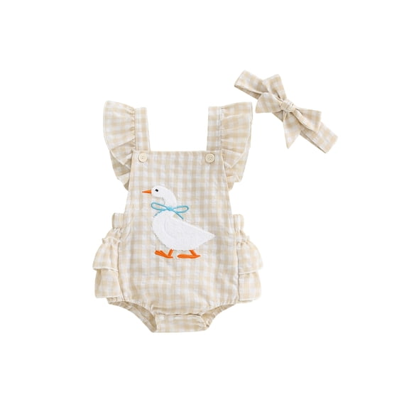 BemeyourBBs Newborn Baby Girl Duck Outfit Infant Girls Summer Clothes Plaid Gingham Romper Overalls Duck Embroidery Flying Sleeve Ruffle Tiered Bodysuit Playsuit with Headband