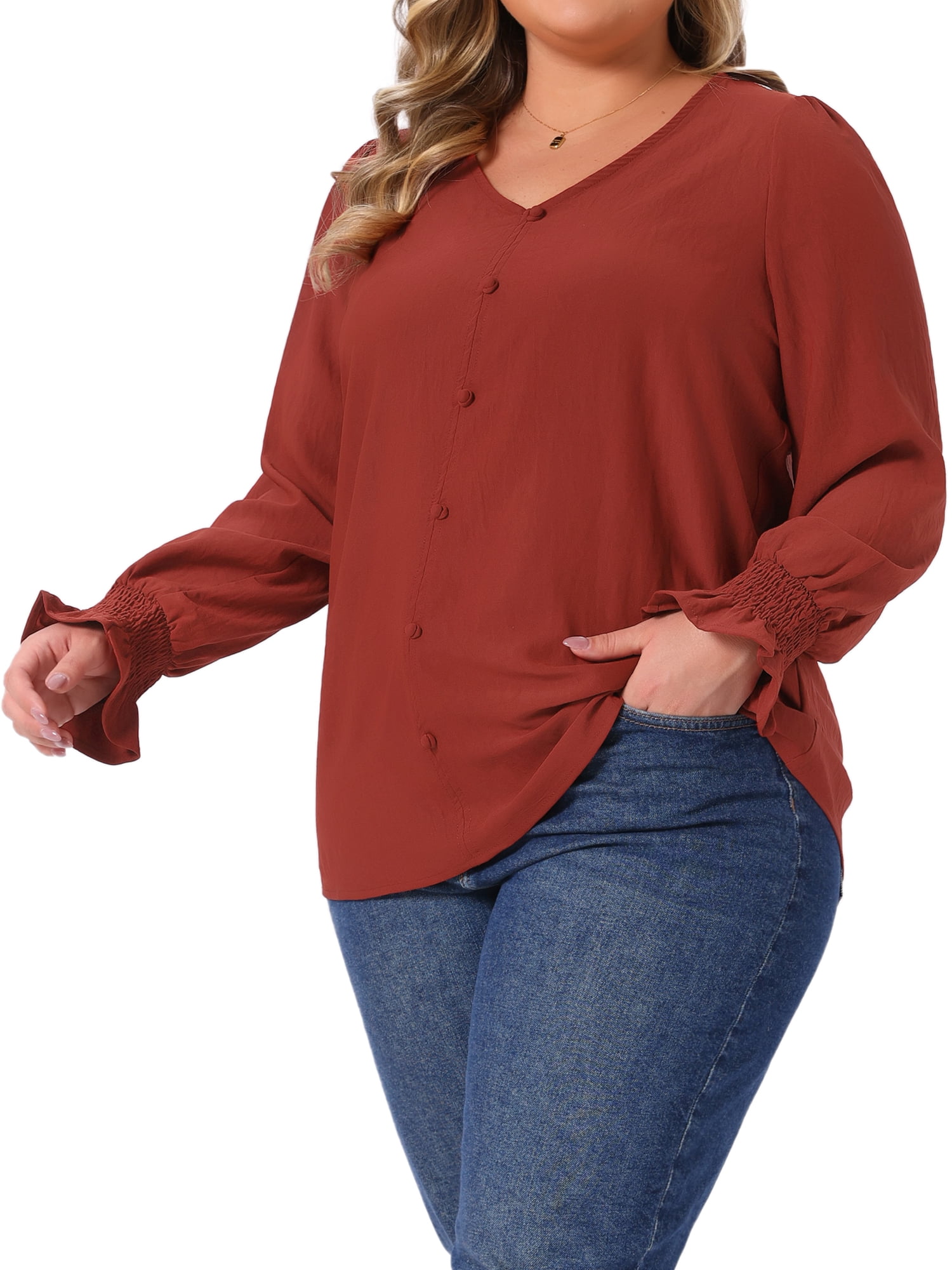 DARING DIVA Women's Plus Tops V Neck Smocked Casual Chiffon Blouse 1X Burgundy