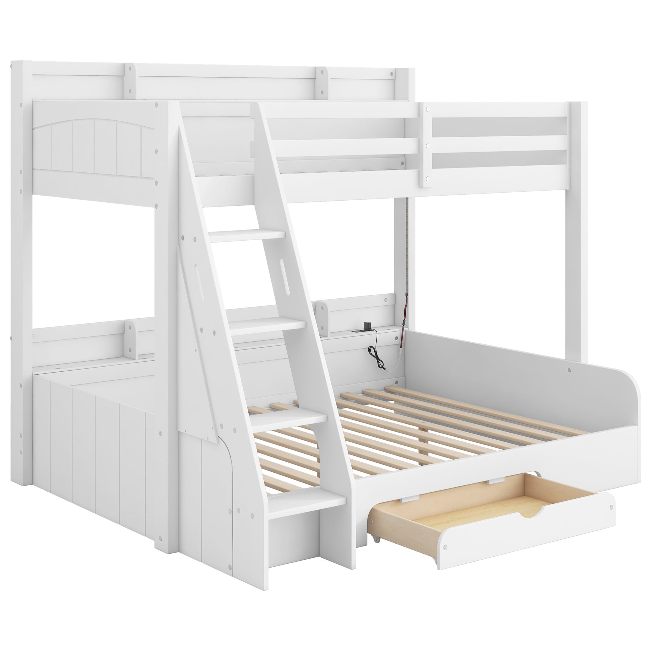 Noble House Alver Twin over Full Bunk Bed with Charging Station, LED Lighting, and Storage Shelves, Space Saving, White