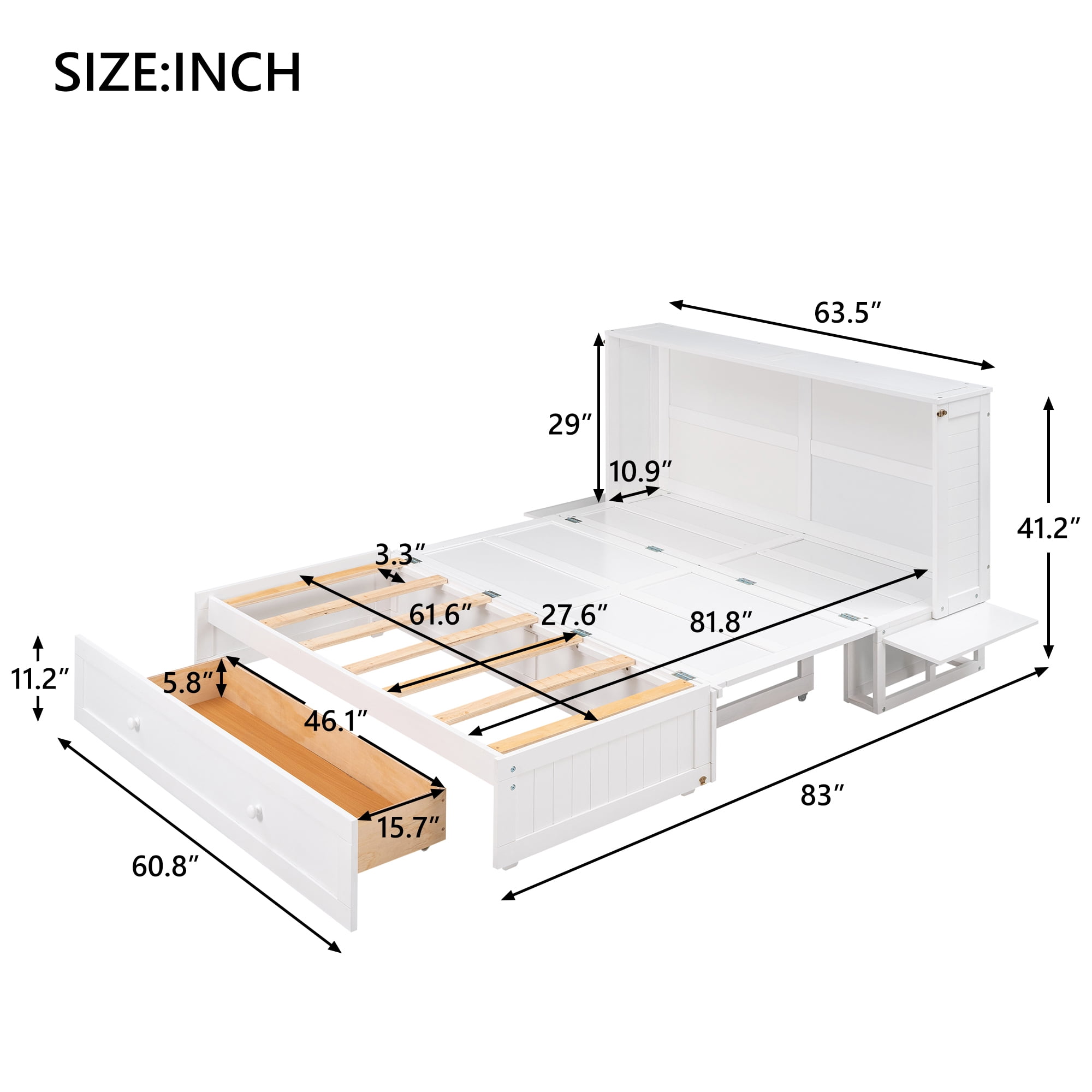 Euroco Queen Size Murphy Bed with Shelf and Drawers, Convertible into a Cabinet with USB Charging Station for Adult Living Room, Easy Open and Close