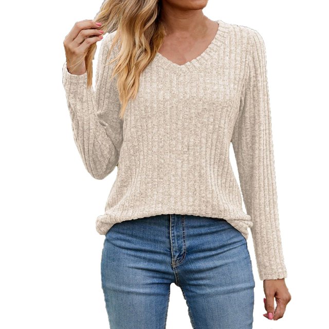 vdgthytj Chandails pour Femmes à Manches Longues Mode d'Automne Col en V Hauts Tricotés Confort Doux Chandails de Base