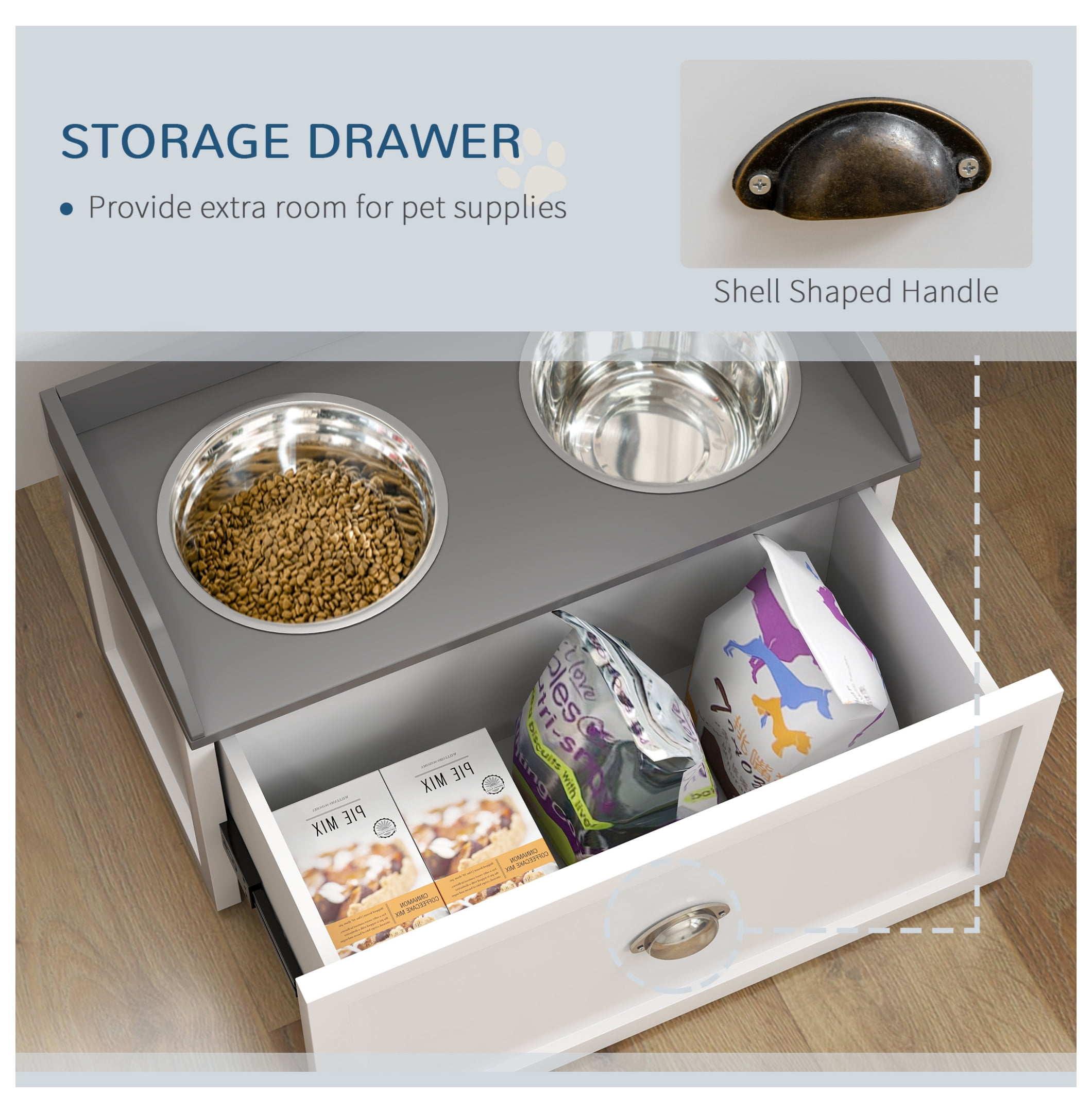 Elevated Dog Bowls with Storage, Pet Feeding Station for Large Dogs, 2 Stainless Steel Bowls, White Dog Diner