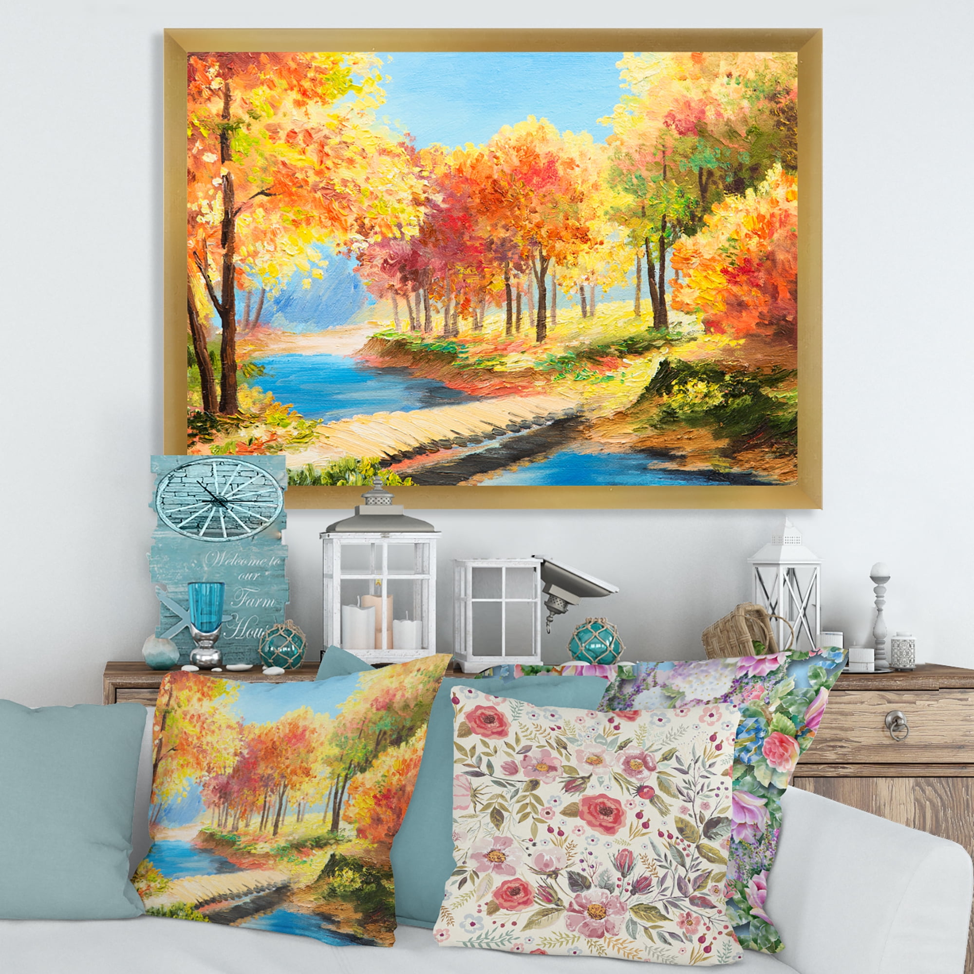 Designart 'Orange and Yellow Trees By The Riverside' Lake House Framed Art Print