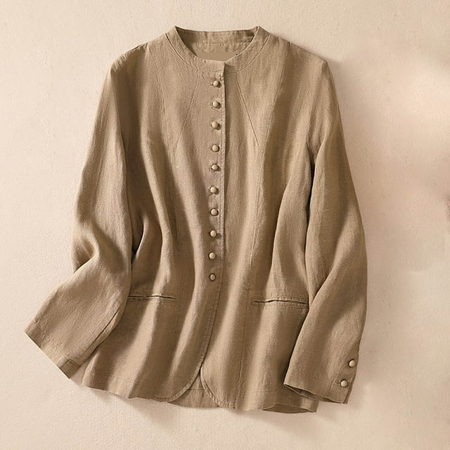 AherBiu Women's Linen Jackets Button down Crew Neck Casual Loose Slim Fitted shacket Top Jacket