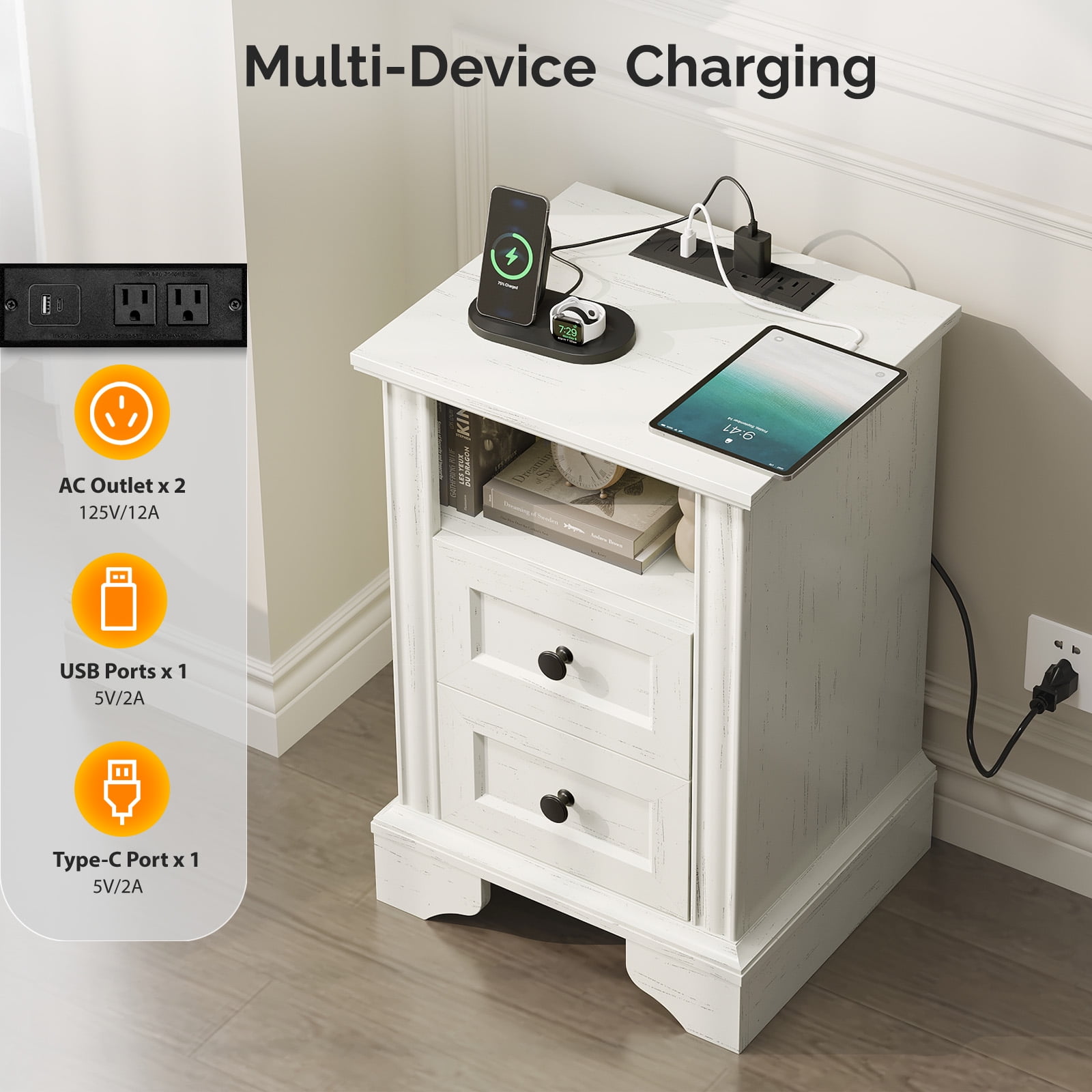 Zimtown 2-Drawer Nightstand, Side Table End Table with Charing Station, White