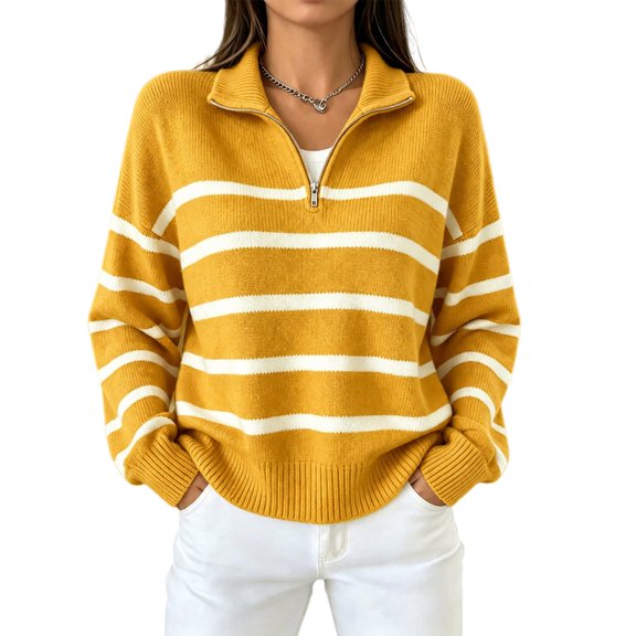 Dweltoz Womens Pullover Top Quarter Zip Striped Sweater Oversized Collared Long Sleeve Knit Cozy Fall Winter Casual Outfits 2026,Yellow L