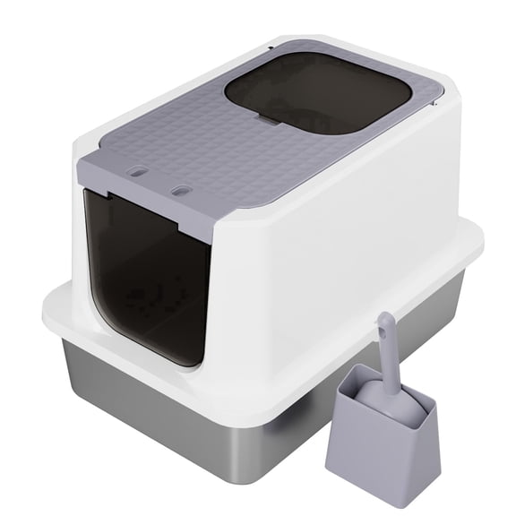 RIZZARI Enclosed Cat Litter Box: Large Top & Front Entry - High-Sided Anti-Scatter Design - Stainless Steel Odor Control - Easy Clean Teflon Non-Stick Coating- Gray Litter Pan - Entryway/Closet Nook