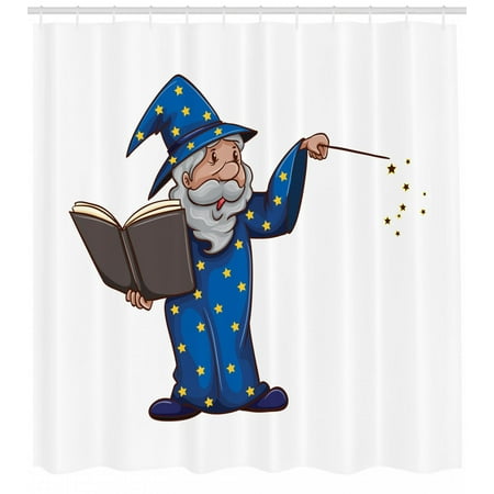 Wizard Shower Curtain, Sorcerer Man in a Blue Costume with Yellow Stars Casting a Spell from a Magic Book, Fabric Bathroom Set with Hooks, 69W X 70L Inches, Multicolor, by