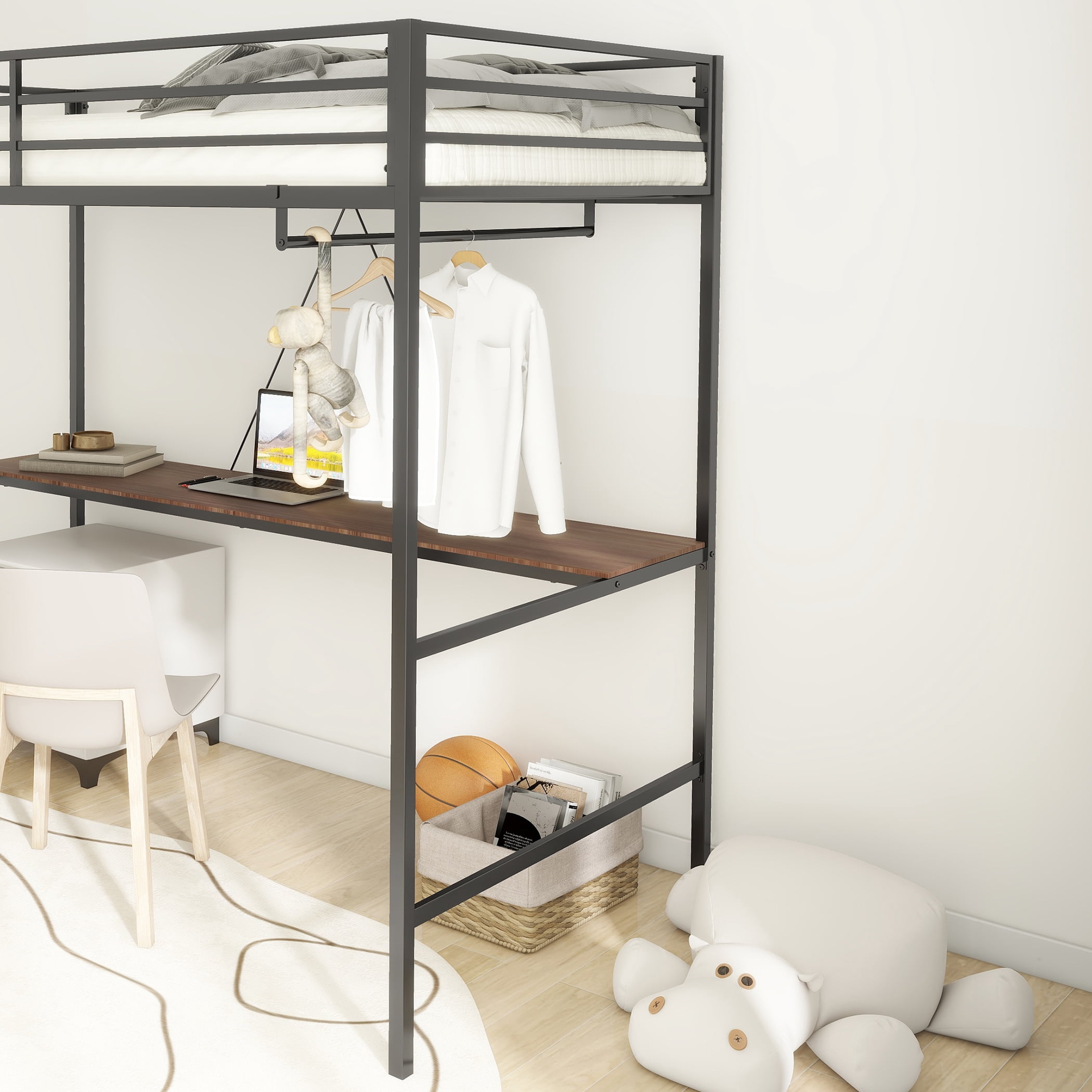 Christopher Knight Home Metal Loft Bed, Twin Size Bed Frame with Clothes Hanger for Kids Teens, Black