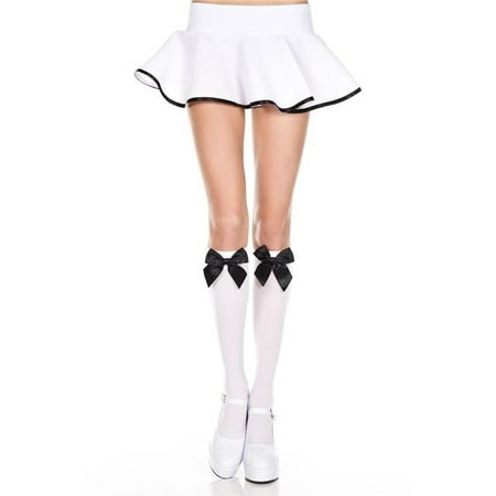 Music Legs 5722-WHITE-BLACK Satin Bow Knee High Socks, White & Black