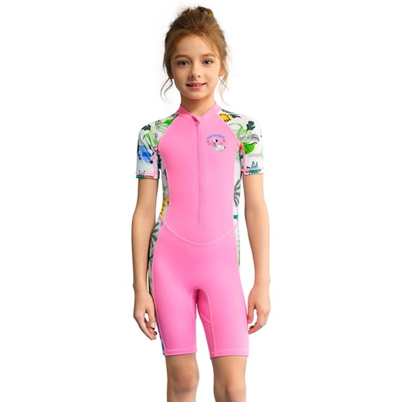 GKV Girls’ Short Sleeve Short Leg One-Piece Wetsuit – UPF 50  Sun Protection Front Zipper Swim Suit for Swimming, Snorkeling & Surfing