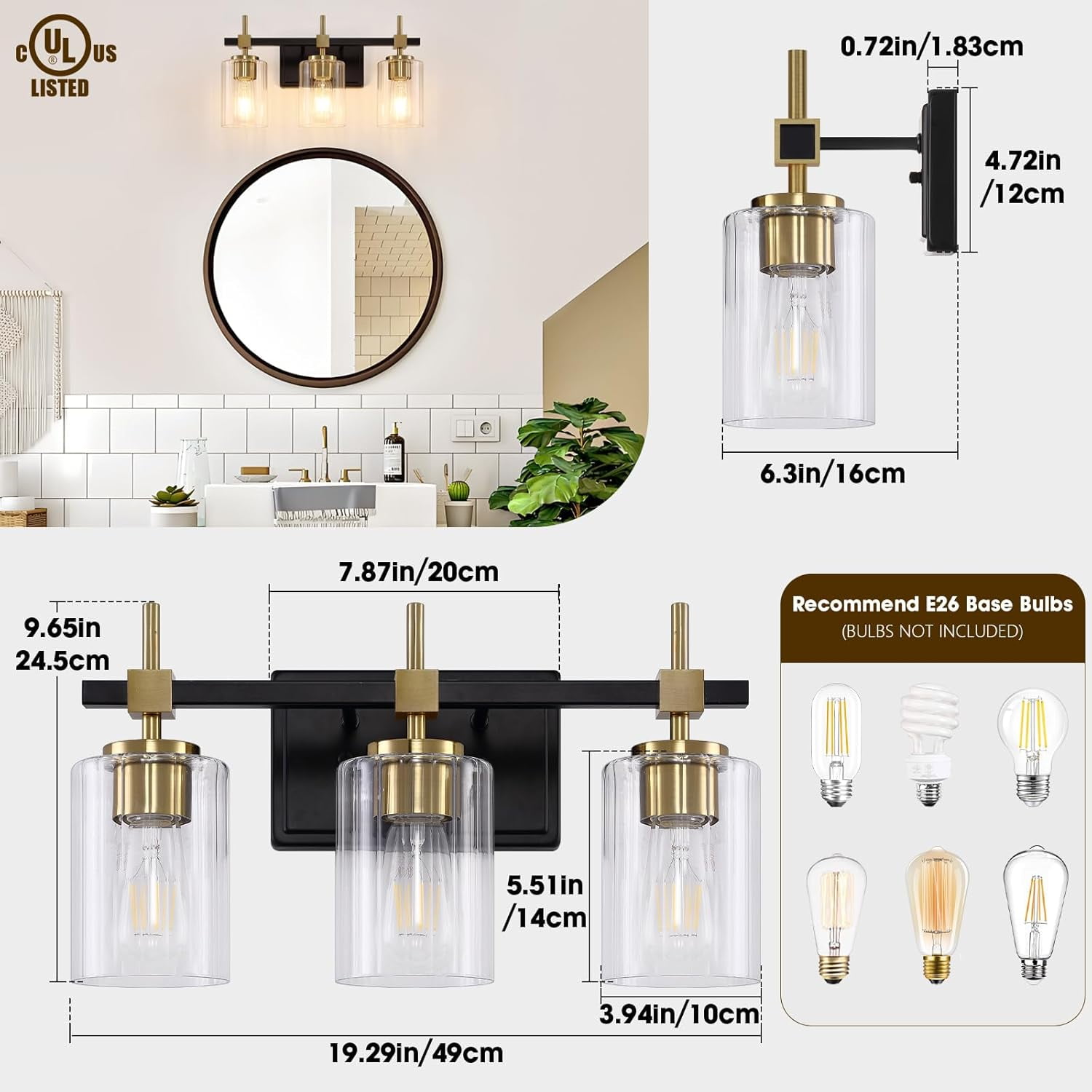 Textured Glass Bathroom Vanity Light 3-Light Brass Wall Light Fixtures over Mirror Black and Gold Vanity Lighting for Bathroom Wall Sconce