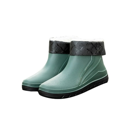 

GENILU Mens Non-Slip Comfort Garden Booties Round Toe Work Boot Casual Pull On Rain Boots Faux Fur Green 8