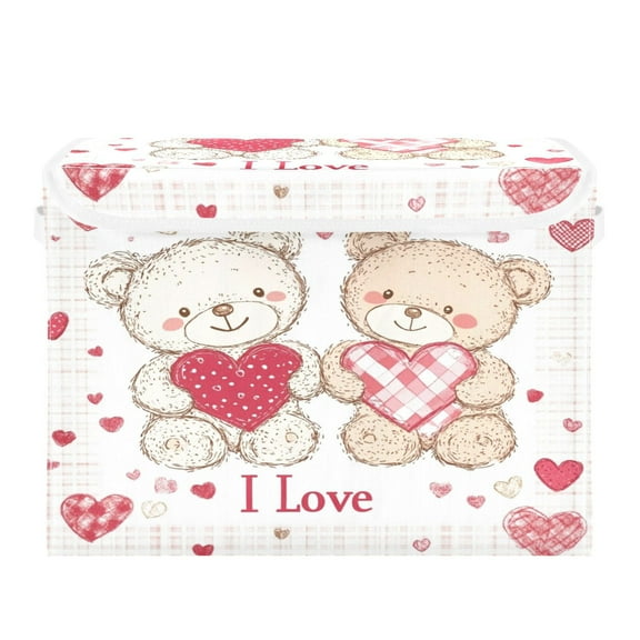 WOBOGO Valentine Teddy Bear Large Collapsible Storage Box Flip Lid Fabric Decorative Organizer Container Basket with Handles 16.5×12.6×11.8in