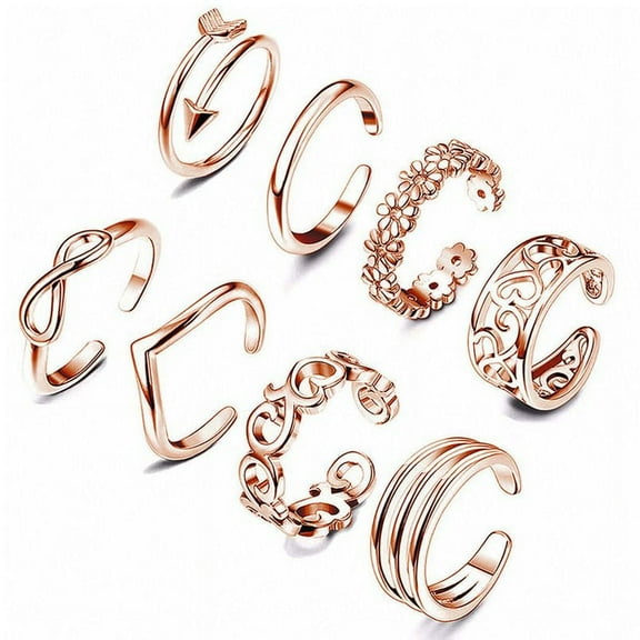 Teblacker 8Pcs Adjustable Toe Rings for Women Various Types Band Open Toe Ring Set Gold Silver Tone Hawaiian Foot Gift Jewelry(Rose Gold)