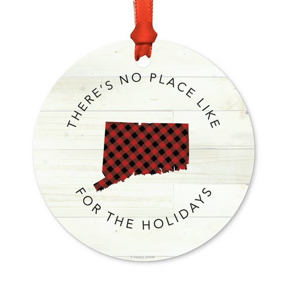 US State Round Metal Christmas Ornament, Red Plaid on Light Rustic Wood, Connecticut, Includes Ribbon and Gift Bag