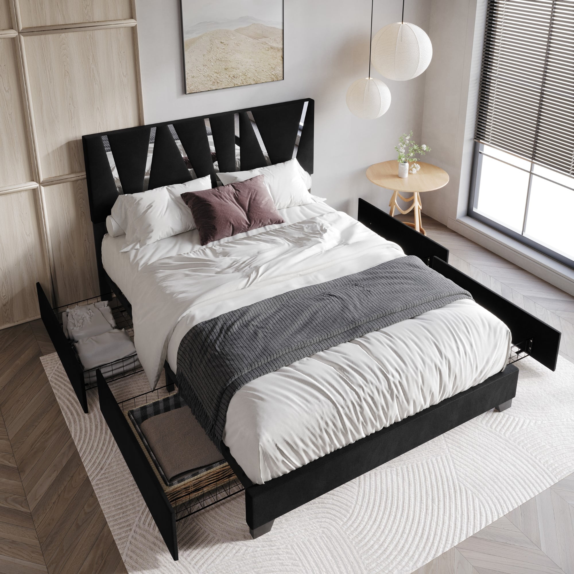 Home Design Hanover Full Upholstered Storage Platform Bed Frame with Silver Acrylic Strip Headboard and Four Under-Drawers, Black, Easy Assembly
