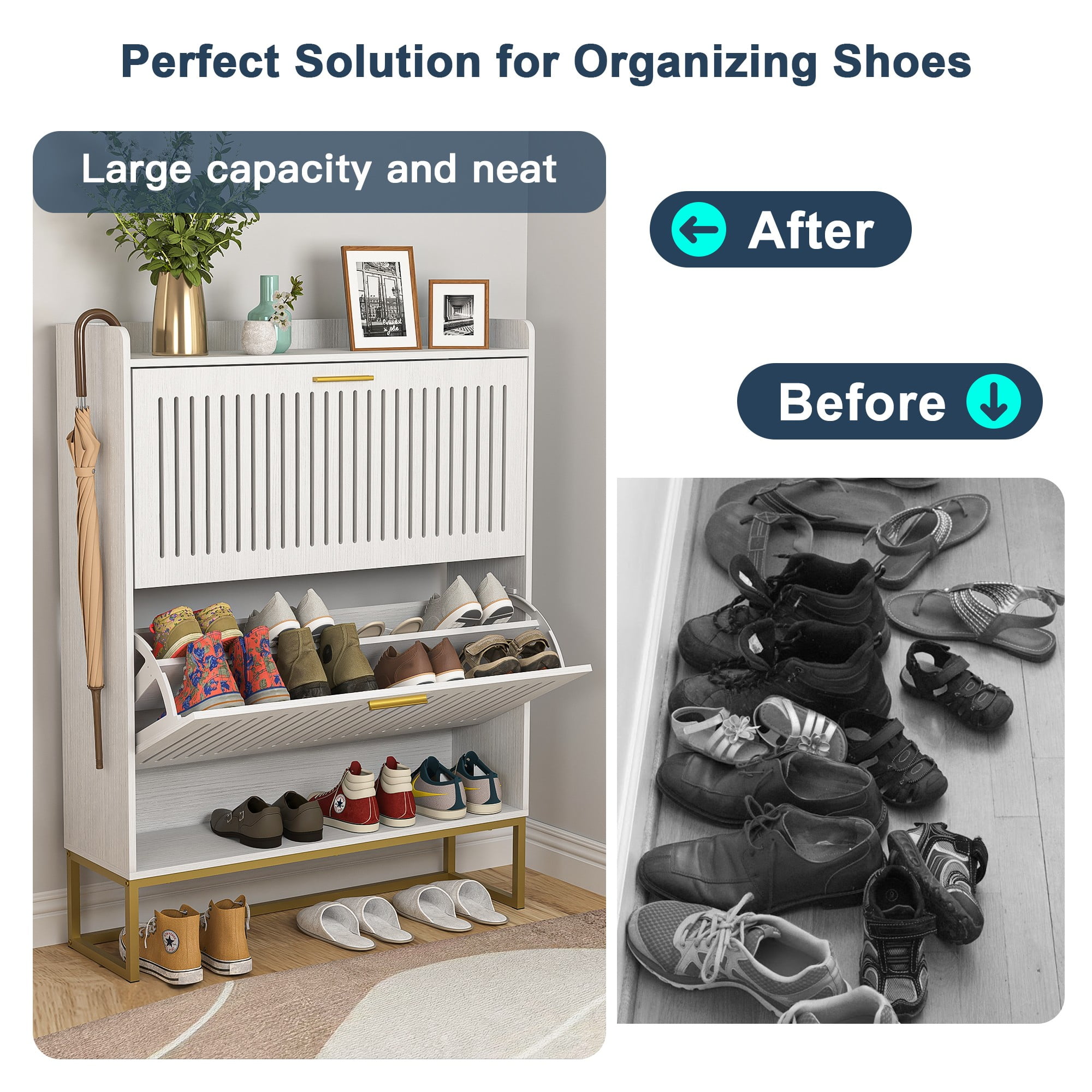 Finihen Wood Shoe Cabinet, Freestanding Shoe Racks with 2 Storage Shelves Hidden Narrow Shoe Organizers for Entryway Bathroom Living Room, White